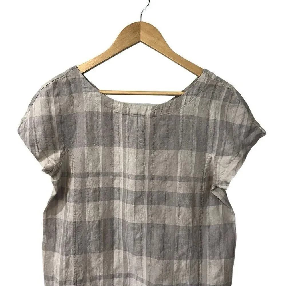 Eileen Fisher Size Small Airy Organic Linen Cotton Gray Plaid Shift Dress Pocket